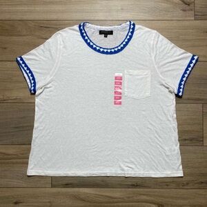 Joseph A Womens Linen Blend Short Sleeve Crochet Trim Top Size XXL White Blue‎